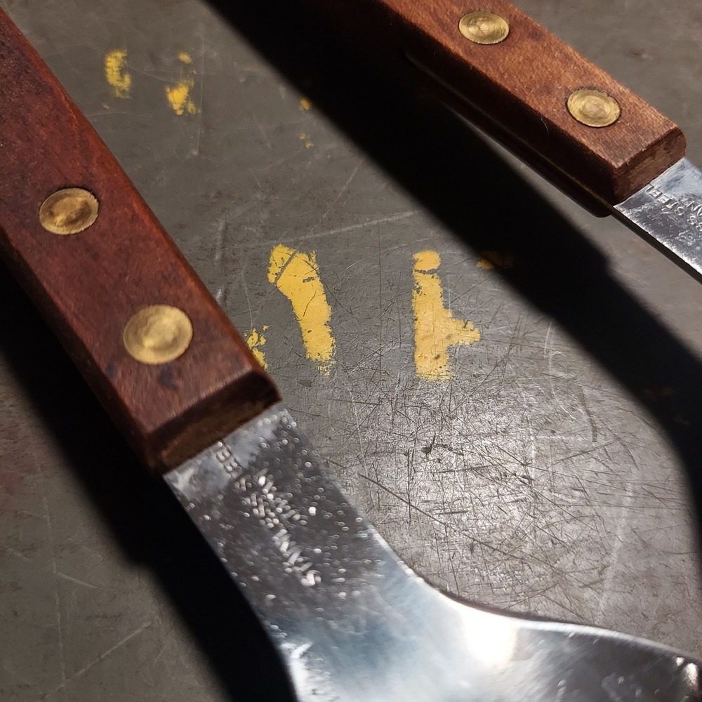 Vintage MCM Salad Serving Set 13 Inch Teak Wood Handle Stainless Steel 2 Piece - Picture 5 of 5